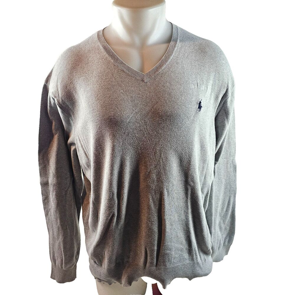 Polo Ralph Lauren Mens XL Gray Pima Cotton V Neck Sweater Pony Logo Pullover